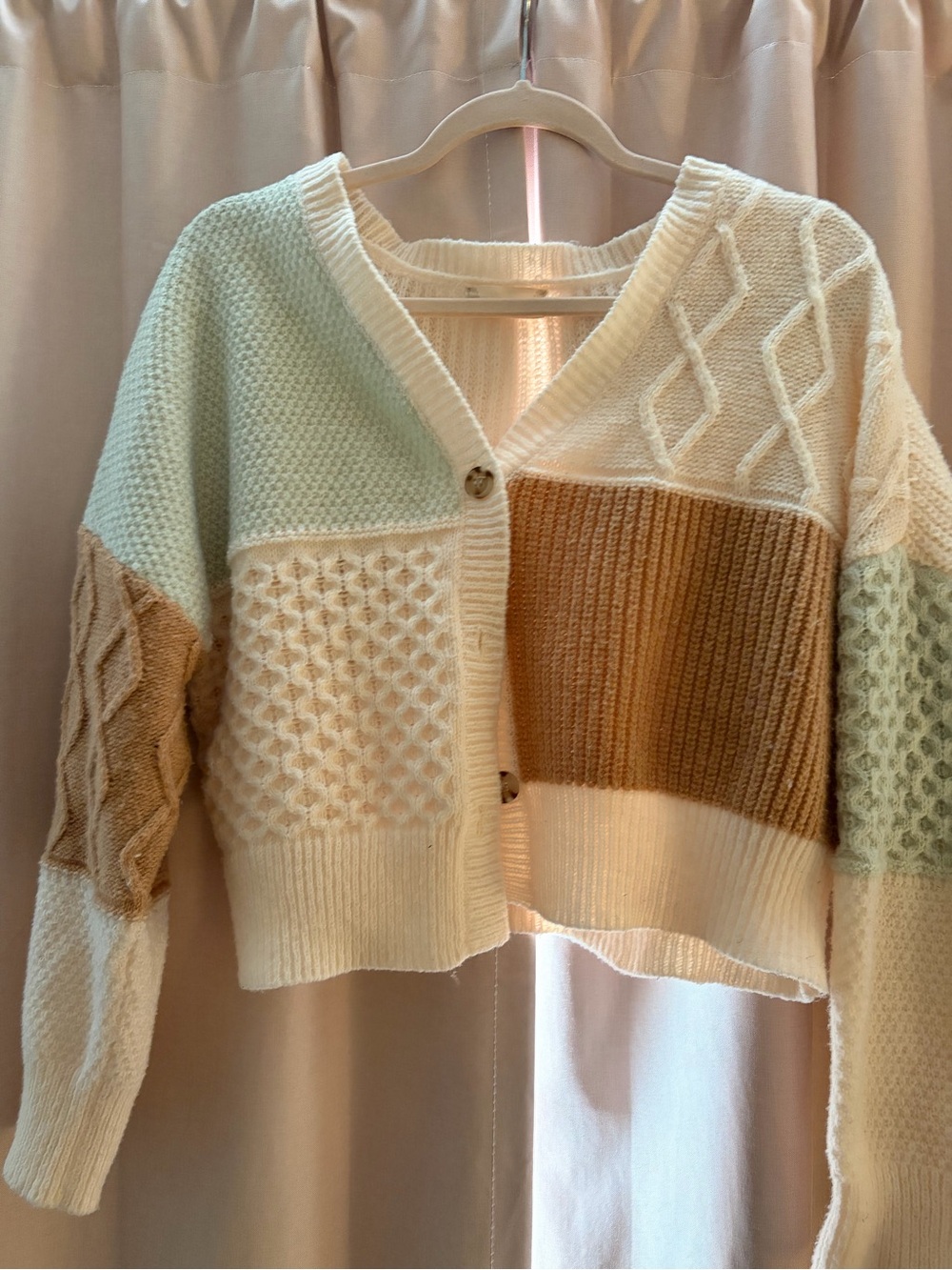 Patchwork Textured V-Neck Cardigan Sweater
